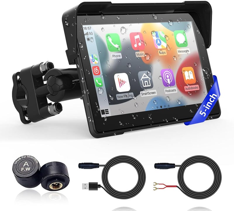 fuyuadas Wireless Motorcycle Apple Carplay,5 Inch Portable Motor GPS Navigation with Apple Carplay & Android Auto,Siri & Google Assistant, Anti-Glare/Bluetooth 5.2/ Voice Control/ IP69K Waterproof Touchscreen - Image 1